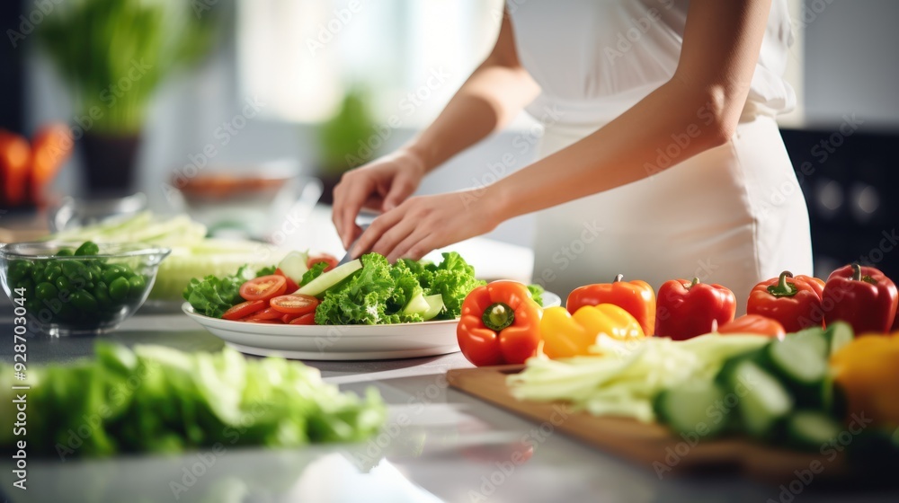 A woman cooking a healthy meal in a well-organized kitchen A woman cooking a healthy meal in a well-organized kitchen