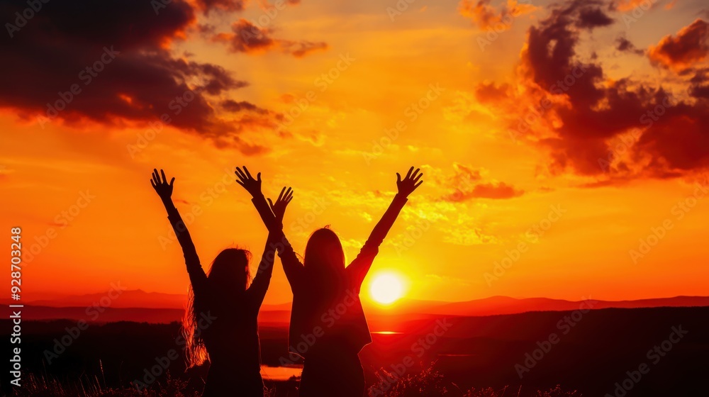 Two friends celebrating joyfully against a vibrant sunset, with arms raised in happiness and unity. Two friends celebrating joyfully against a vibrant sunset, with arms raised in happiness and unity.