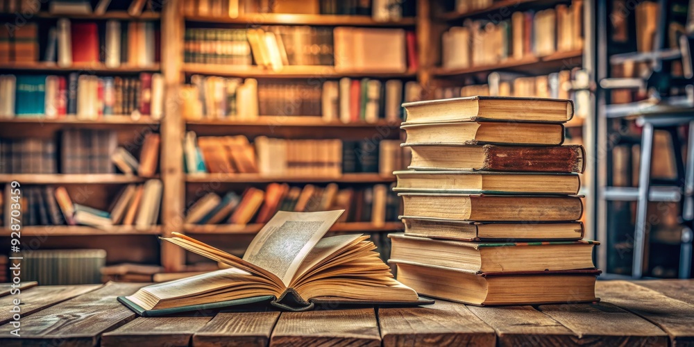Open Book on Wooden Table with Blurred Bookshelf in Background, Books, Library, Reading, Knowledge Open Book on Wooden Table with Blurred Bookshelf in Background, Books, Library, Reading, Knowledge