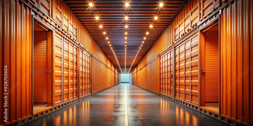 Fototapeta premium Orange Container Corridor A 3D Rendering of a Surreal Warehouse Space with Doors Ajar, Container, Warehouse, Architecture, Interior