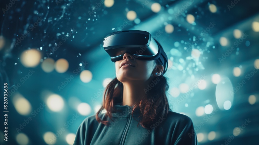 A woman wearing a sleek VR headset, A woman wearing a sleek VR headset,