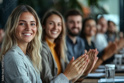Group of business workers smiling happy and confident. Working together with smile on face looking at the camera applauding at the office, Generative AI