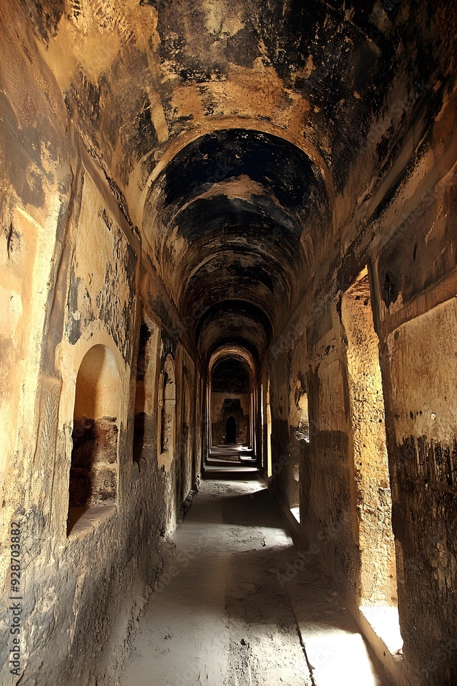 Fototapeta premium Ancient Stone Corridor with Arched Ceiling