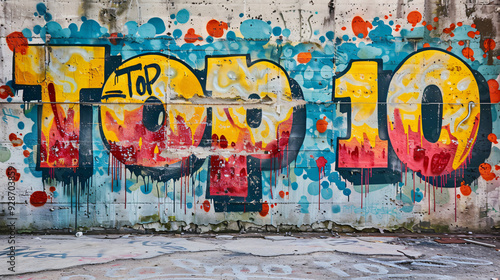 Vibrant graffiti displaying the phrase top 10 on a city concrete wall