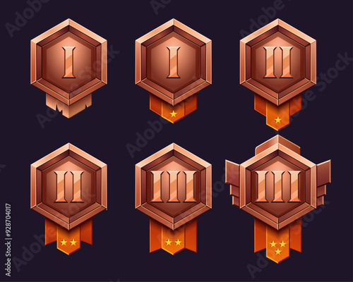 Realistic metallic bronze, cooper badge. Level game rank frame with ribbon set. High quality vector, light and shadows. Hexagon interface asset for rpg. Numbers and stars.