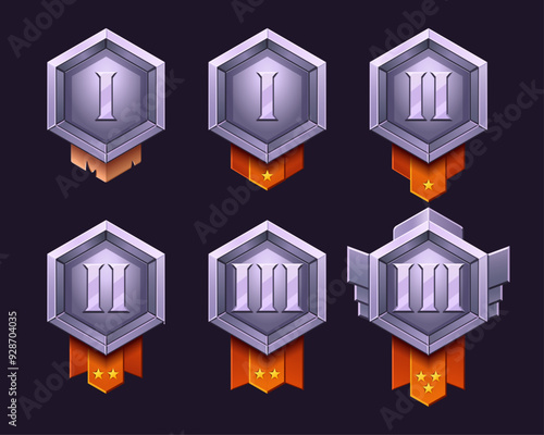 Realistic metallic silver badge. Level game rank frame with ribbon set. High quality vector, light and shadows. Hexagon interface asset for rpg. Numbers and stars.