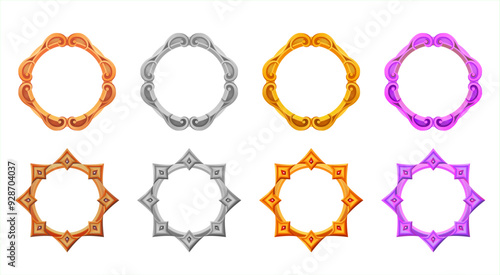 Metallic frame avatar set. Gold, silver, bronze, purple style for fantasy ui. Rounded circle ring classic style. Frame for rpg and fantasy games.