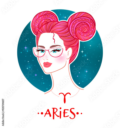Vector colorful illustration of Aries zodiac sign female portrait with starry sky background