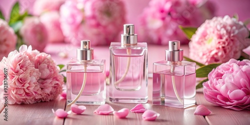 Fototapeta Naklejka Na Ścianę i Meble -  Peony Perfume Bottles on Pink Wood, fragrance, pink, floral, perfume