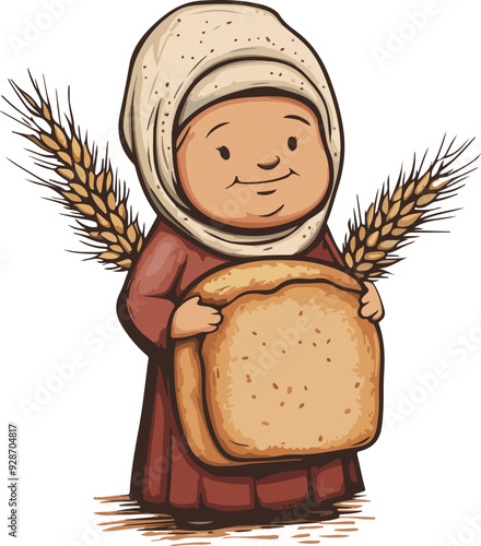 Cute Elderly Woman Holding Bread and Wheat