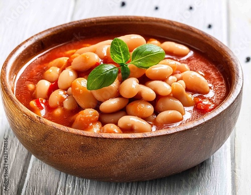 white beans in tomato sauce in a wooden bowl photo