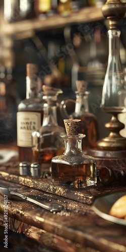 Vintage Glass Bottles With Cork Stopper on Wooden Table