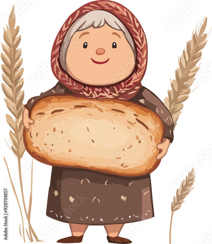 Cute Elderly Woman Holding Bread and Wheat