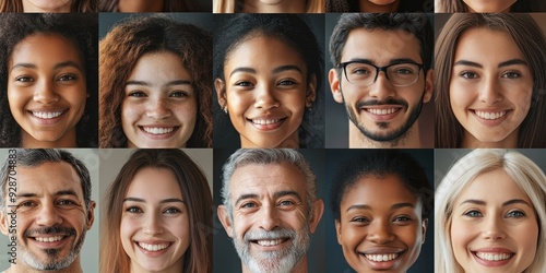 Many happy diverse ethnicity different young and old people group headshots in collage mosaic collection. Lot of smiling multicultural faces looking at camera. Human resource society, Generative AI