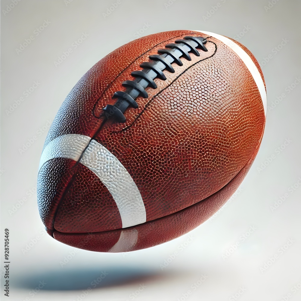 Close-up of an American Football Ball in Mid-Air with Detailed Texture and Laces, Isolated on a White Background - Perfect for Sports and Athletic Themes. Close-up of an American Football Ball in Mid-Air with Detailed Texture and Laces, Isolated on a White Background - Perfect for Sports and Athletic Themes.