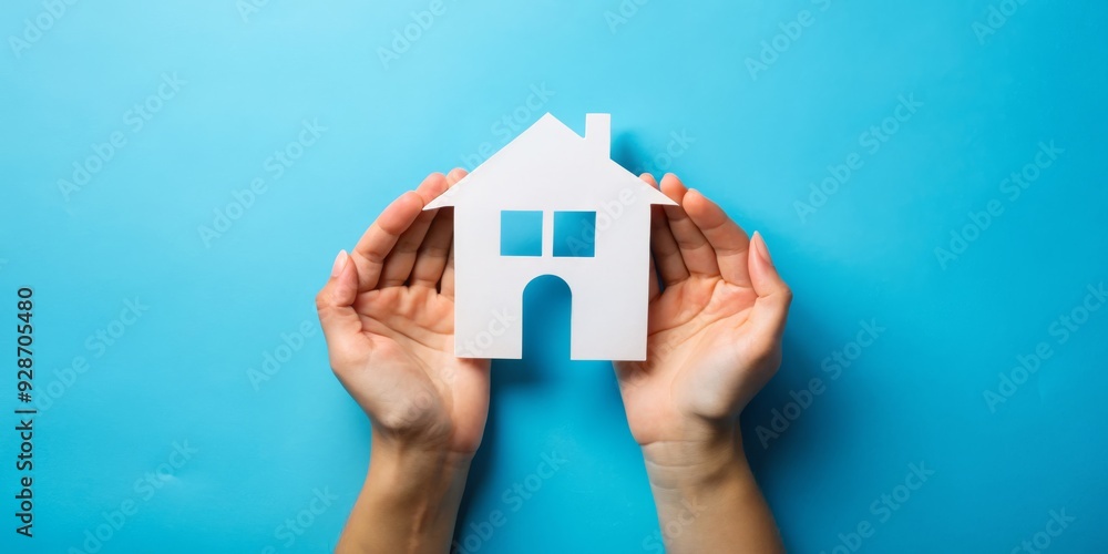 Protecting Your Dream Home, White Paper Cutout Home in Hands, Blue Background, Real Estate , Home Ownership , Property Protecting Your Dream Home, White Paper Cutout Home in Hands, Blue Background, Real Estate , Home Ownership , Property