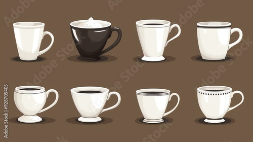 A set of coffee mugs and cups in various designs.