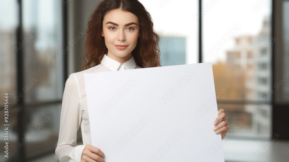 A young professional woman presenting a white mockup, A young professional woman presenting a white mockup,