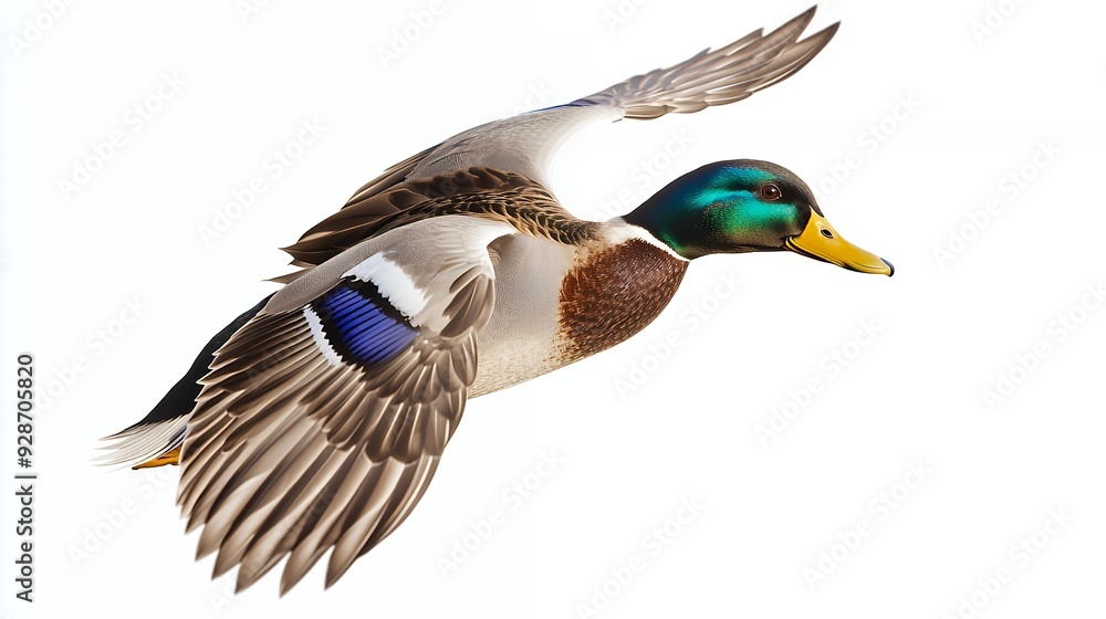 A mallard duck with spread wings is flying in mid-air with a white background. A mallard duck with spread wings is flying in mid-air with a white background.