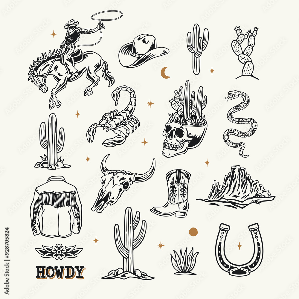 © cddesign.co - A Western-themed vector graphic set featuring cowboy elements such as a rodeo rider, hat, boots, cacti, skulls, a scorpion, snake, horseshoe, and mountain landscape. © cddesign.co - A Western-themed vector graphic set featuring cowboy elements such as a rodeo rider, hat, boots, cacti, skulls, a scorpion, snake, horseshoe, and mountain landscape.