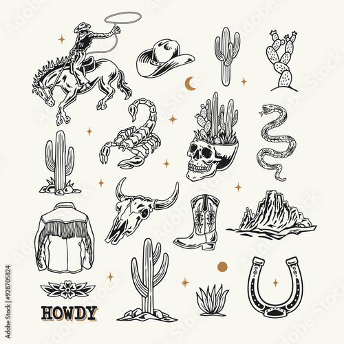 A Western-themed vector graphic set featuring cowboy elements such as a rodeo rider, hat, boots, cacti, skulls, a scorpion, snake, horseshoe, and mountain landscape.