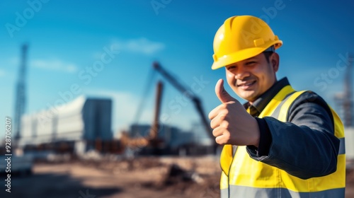 An engineer in safety gear gives a thumbs up 