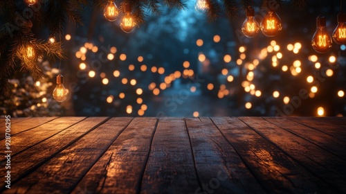 Empty wooden surface with fir branches on bokeh background