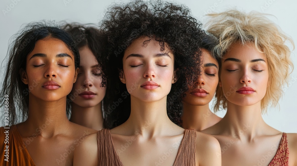a group of five mindful multi ethnic women breathing together with their eyes closed on white background, Generative AI a group of five mindful multi ethnic women breathing together with their eyes closed on white background, Generative AI