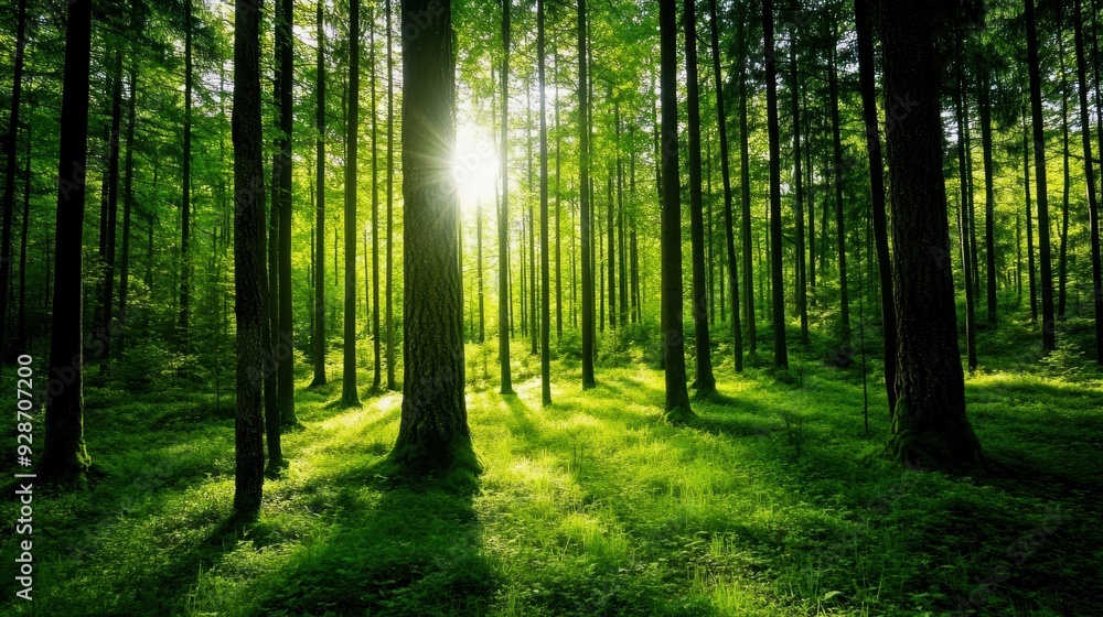 Obraz premium A serene forest scene illuminated by sunlight, showcasing tall trees and vibrant green foliage.