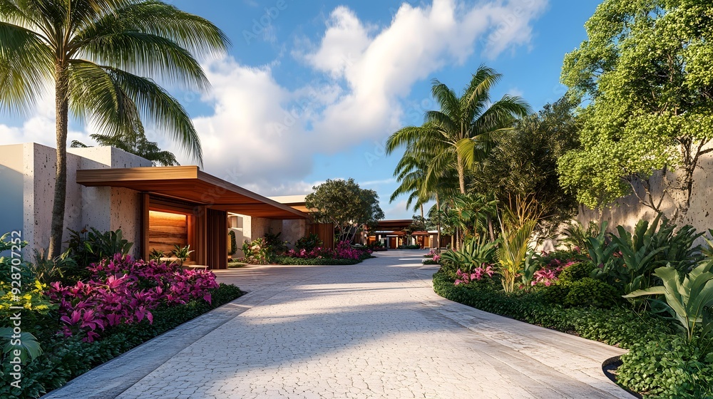 Fototapeta premium Tropical Resort Driveway with Lush Greenery and Palm Trees