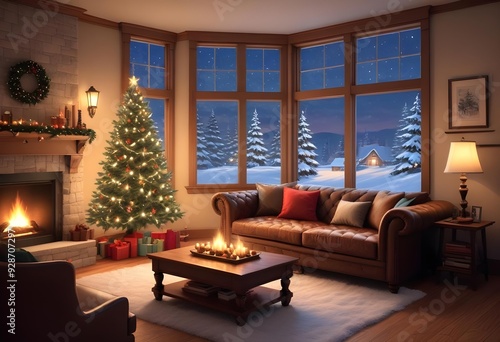 Wallpaper Mural A cozy living room with a decorated Christmas tree, a tufted leather sofa, and a window overlooking a snowy outdoor scene, christmas' eve vibes background  Torontodigital.ca