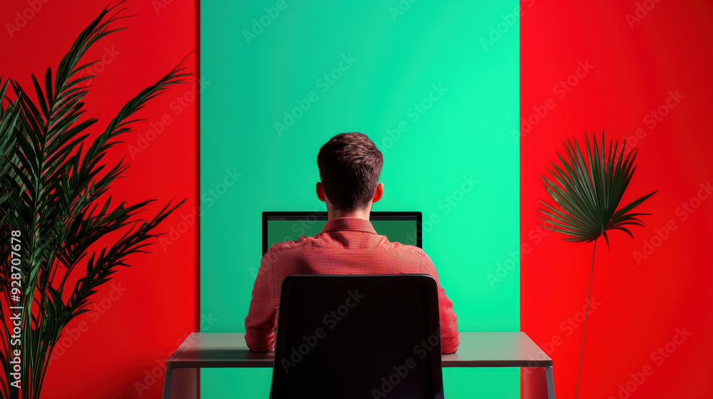 Man sitting at desk, working on computer with colorful background. Concept of creativity, focus, and modern workspace. Man sitting at desk, working on computer with colorful background. Concept of creativity, focus, and modern workspace.