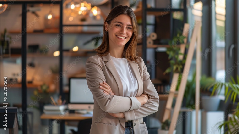 Confident businesswoman with crossed arms smiling in modern office, facing camera, embodying success in professional attire with sleek hairstyle. Confident businesswoman with crossed arms smiling in modern office, facing camera, embodying success in professional attire with sleek hairstyle.