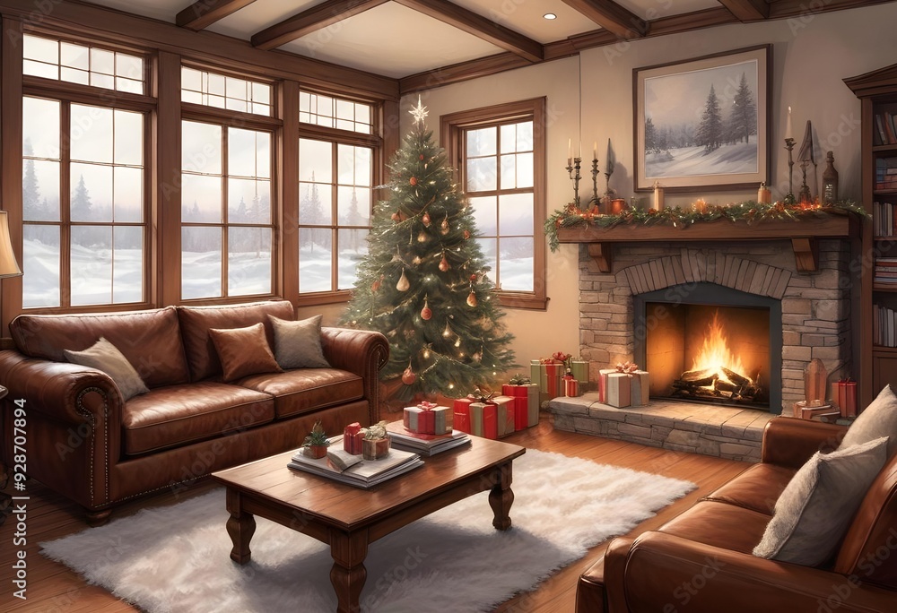 Fototapeta premium A cozy living room with a decorated Christmas tree, a tufted leather sofa, and a window overlooking a snowy outdoor scene, christmas' eve vibes background 