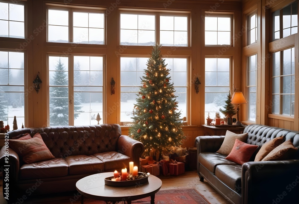 A cozy living room with a decorated Christmas tree, a tufted leather sofa, and a window overlooking a snowy outdoor scene, christmas' eve vibes background 