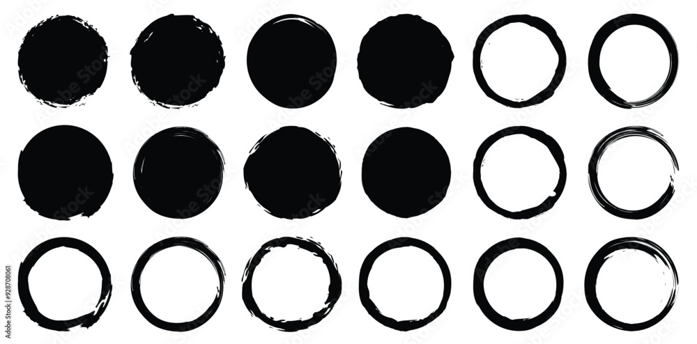Set of black grunge circles shapes. Grunge round shape. Paintbrush stamp collection. Vector grunge circle. Grunge banner. Set of black grunge circles shapes. Grunge round shape. Paintbrush stamp collection. Vector grunge circle. Grunge banner.