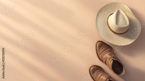 Cowboy Hat and Boots on Beige Background photo