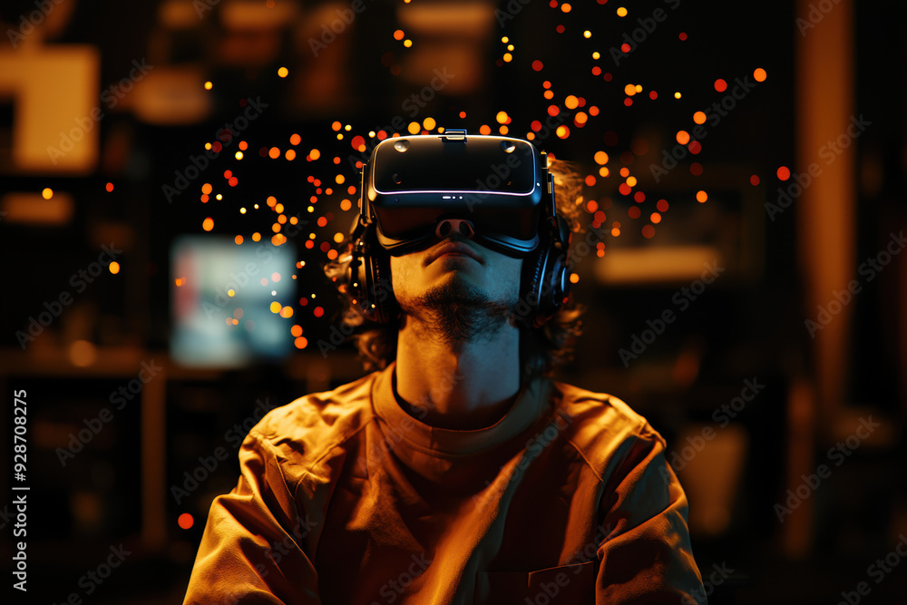 Man wearing VR headset immersed in virtual reality with glowing particles surrounding him in a dark room. Man wearing VR headset immersed in virtual reality with glowing particles surrounding him in a dark room.
