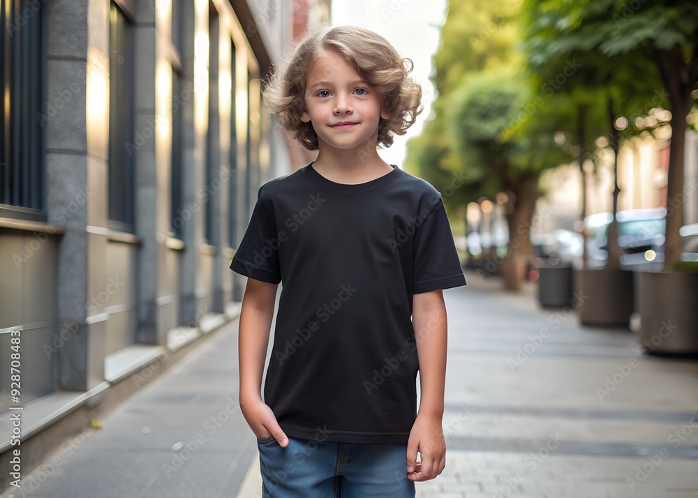 Anonymous Person in Black T-Shirt Standing on City Sidewalk. Kids T-shirt Mockup. Anonymous Person in Black T-Shirt Standing on City Sidewalk. Kids T-shirt Mockup.