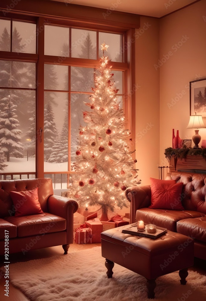 Fototapeta premium A cozy living room with a decorated Christmas tree, a tufted leather sofa, and a window overlooking a snowy outdoor scene, christmas' eve vibes background 