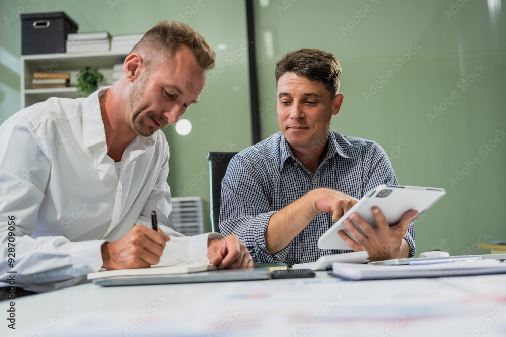 Fototapeta premium Caucasian middle-aged male businessperson and an Italian accountant are seated at a desk, engaging in a professional meeting, discussing various aspects of technology and innovation in their fields.
