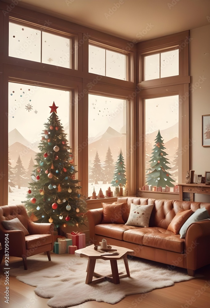 A cozy living room with a decorated Christmas tree, a tufted leather sofa, and a window overlooking a snowy outdoor scene, christmas' eve vibes background 