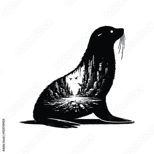 silhouette of Seal posefilled with destroyed futuristic dystopia environment in rough drawing,