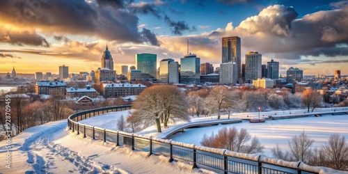 Snowy City Skyline at Sunset, Montreal, Canada, winter, cityscape, snow