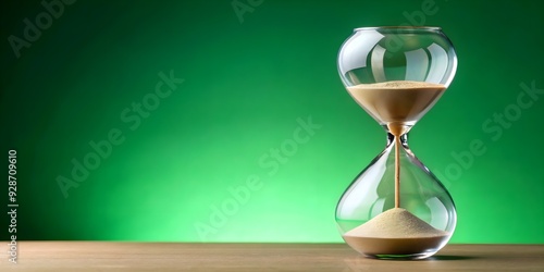 Hourglass with sand running through isolated on vibrant green background, time, passing, deadline, measurement