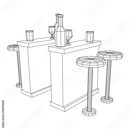 Bar counter with stools, bar top with bottles and glasses. Wireframe low poly mesh vector illustration.