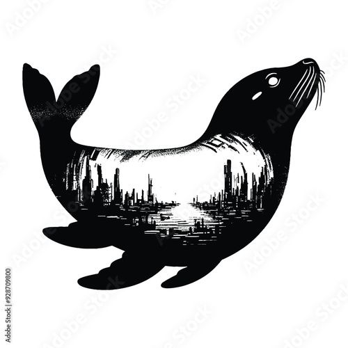 silhouette of Seal filled with destroyed futuristic dystopia environment in rough drawing,