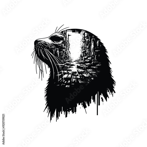 silhouette of Seal filled with destroyed futuristic dystopia environment in rough drawing,