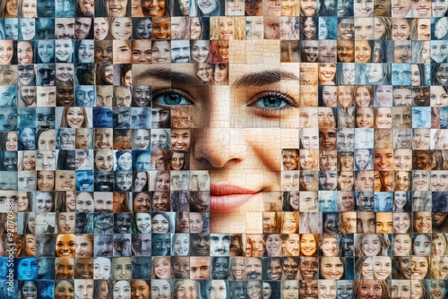 Wallpaper Mural Collage portrait of multiracial smiling different business people. A lot of happy modern people faces in mosaic collection. Successful business, career, diversity, Generative AI Torontodigital.ca