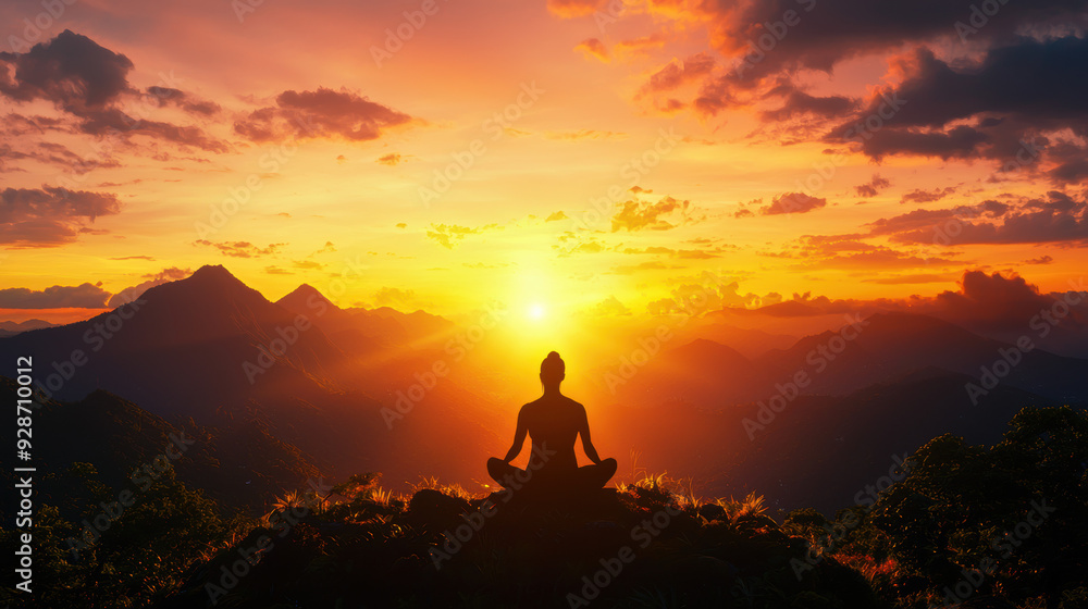 A person is meditating on a mountain top at sunset A person is meditating on a mountain top at sunset